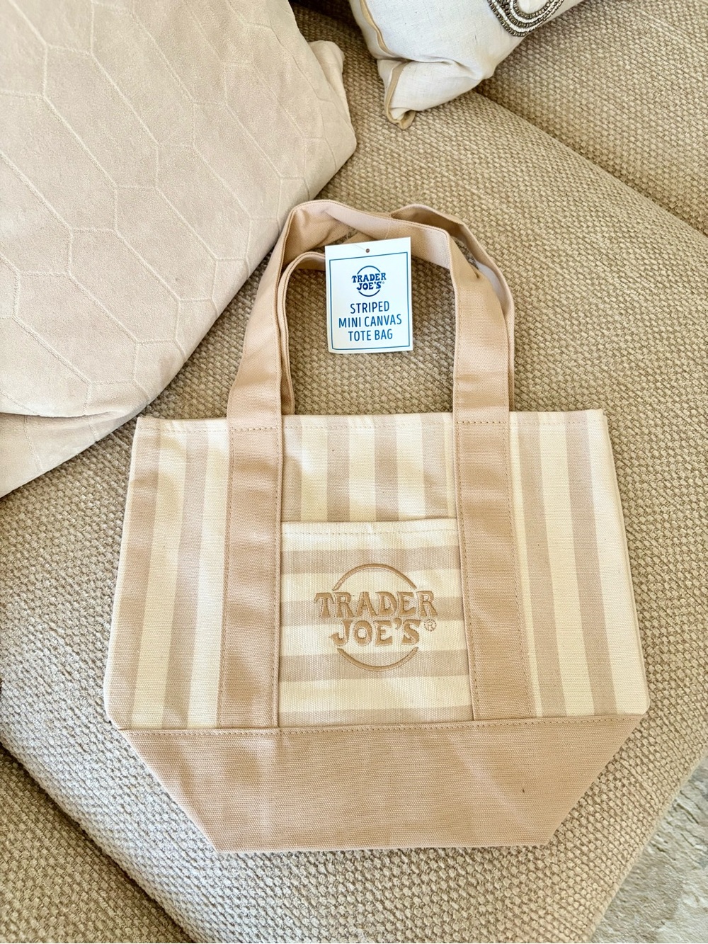 2 Ct Trader Joe’s Mini Tote Bag Stripe Tan 2026 Drop Mini Canvas Tote Bag NEW